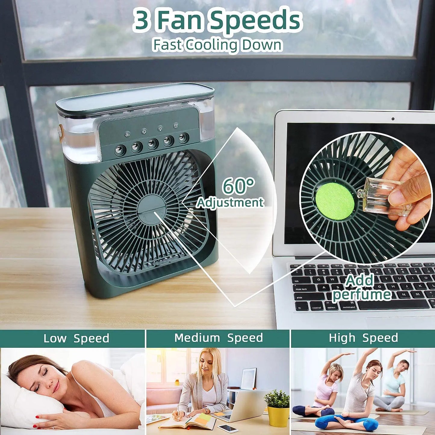Portable Air Conditioner Fan , Humidifier With LED Night Light Water Mist Fans